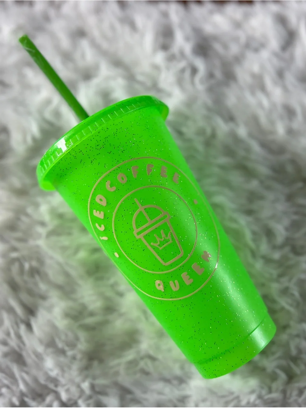 Glitter Neon Green Party Cup with Lid & Straw